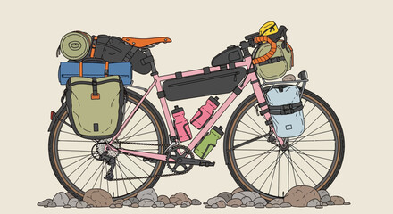 Obraz premium The bicycle loaded with luggage and gear stands on rugged terrain outdoors