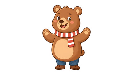 Obraz premium A cheerful cartoon brown bear wearing a red and white striped scarf and blue jeans stands with arms outstretched on a plain white background