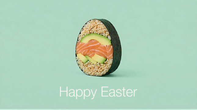 Premium Creative Sushi Easter Egg Concept with Salmon and Avocado on Pastel Green Background