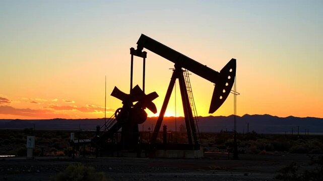 Oil pumpjack at sunset landscape.