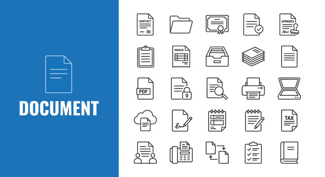 Collection of document and contract related line icons on blue background