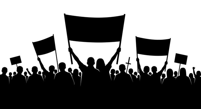People holding protest banners signs.
