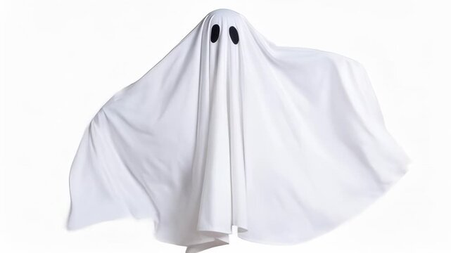 Classic white bedsheet ghost costume floating and waving arms against a clean minimalist white background for Halloween