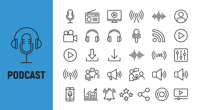Collection of podcasting and media production related line icons