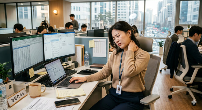 목이 아픈 직장인 ,일, 사무직,회사,앉아있는,데스크,pc,PC,여직원,女,노트북,컴퓨터,근로자,소통