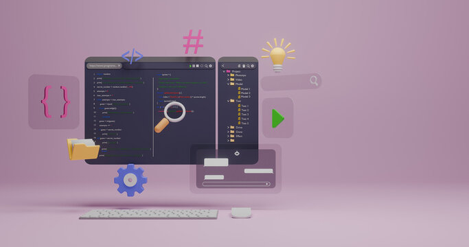 3D Rendering of Programmer Developing Software: Coding Script Languages, IT Technology Symbols, Data Engineering and Computer Programming Project