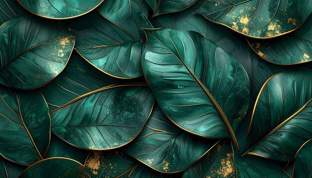 Close-up of glossy, emerald green leaves with gold-toned outlines and accents. Textured and arranged in a rich, overlapping pattern