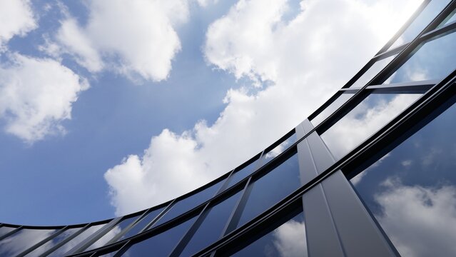Corporate office building with curved glass window and steel frame, Business or financial concept with modern real estate architecture, 3d rendering