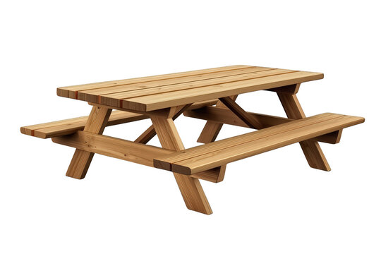 Wooden picnic table with attached benches, outdoor leisure furniture, ready for picnics, dining, and gatherings on transparent background