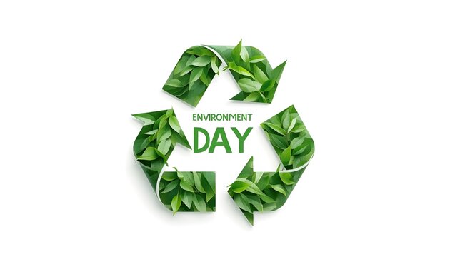 A green recycling symbol made of leaves on a white background with the words Environment Day