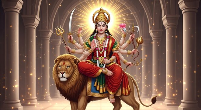 Navratri Durga Puja Chaitra Navratri vector illustration of goddess Durga sitting on lion inside grand temple glowing divine festive Indian culture ... 