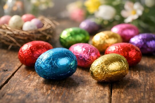 Chocolate Easter Eggs on Wooden Table