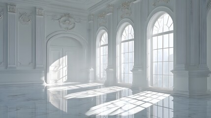 Fototapeta premium Elegant White Ballroom with Sunlight Streaming Through Arched Windows.