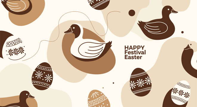 Seamless Easter pattern featuring stylized brown and white ducks and patterned eggs on an abstract background with soft organic shapes.