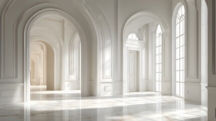 Fototapeta premium Elegant White Hallway with Arches and Natural Light.