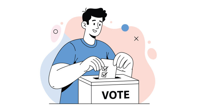 Illustration of a young man casting his vote into a ballot box representing democracy, elections, and civic responsibility.