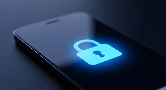 Glowing blue padlock on a smartphone screen representing digital security and encryption
