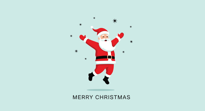 Energetic Santa Claus jumping in the air with arms wide open and a big smile against a light blue winter backdrop with stars.
