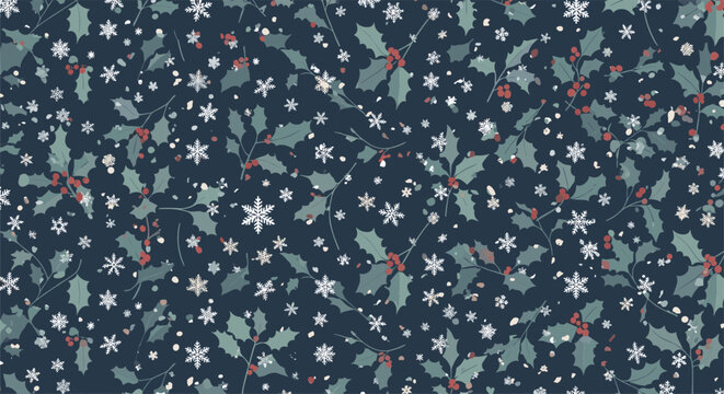 Dense Christmas background pattern featuring holly branches, red berries, and white snowflakes on a dark navy blue background.
