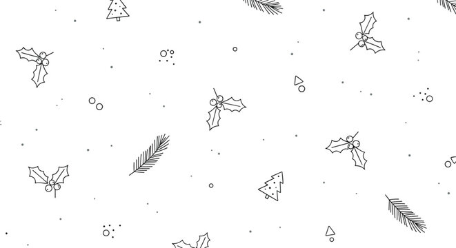 Minimalist seamless pattern of hand drawn Christmas icons like holly, pine branches, and small trees on a white background.