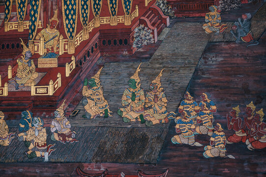 Traditional Thai mural depicting mythology at Grand Palace Bangkok