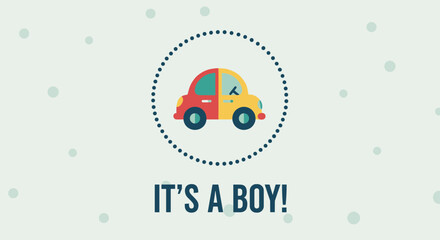 Naklejka premium Charming baby shower announcement card featuring a cute cartoon car and its a boy text on a soft green background.
