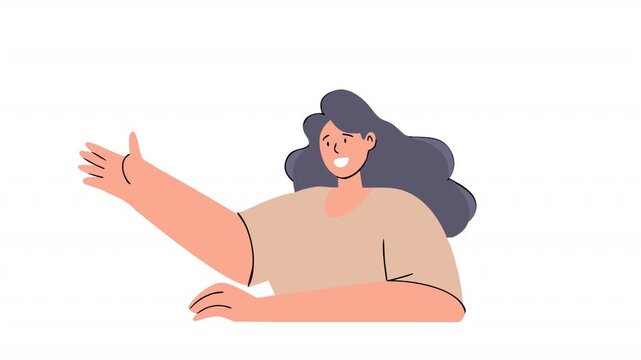 Friendly greeting. Woman waving animation, alpha channel. Cartoon