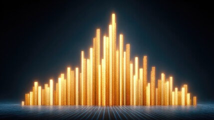 Obraz premium Golden Bar Chart Representing Data Visualization with Bright Light Effects on a Dark Background