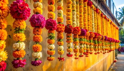 Fototapeta premium A vibrant wall adorned with colorful flower garlands outdoors