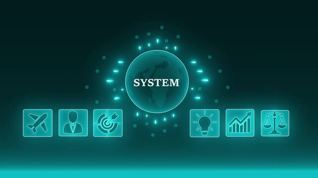 Futuristic digital system network with glowing icons representing business growth innovation biohazard and launch on 4k video dark blue background abstract technology concept. 