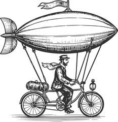 Steampunk airship bicycle vintage flying machine engraving illustration © Sharif54