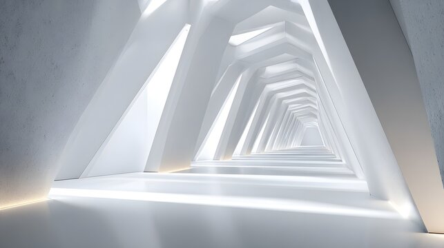 Futuristic Architectural Tunnel with Geometric Patterns and Light Rays.