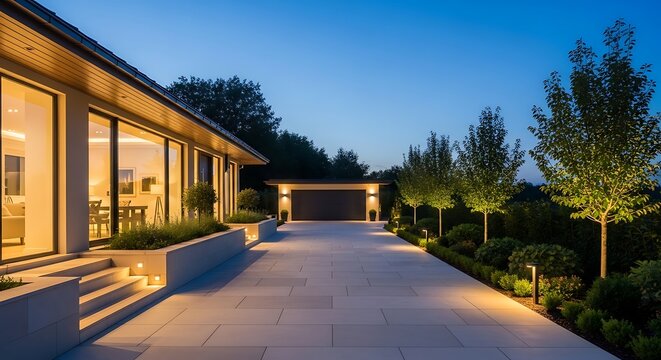 Modern luxury house driveway at twilight with illuminated landscaping