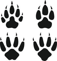 Fototapeta premium Set of four black animal paw prints with claws, vector illustration of wild predator footprints