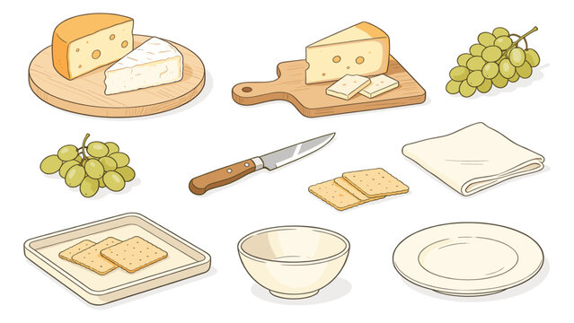 A diverse food and beverage collection featuring cheeses, grapes, crackers, and serving ware for snacks