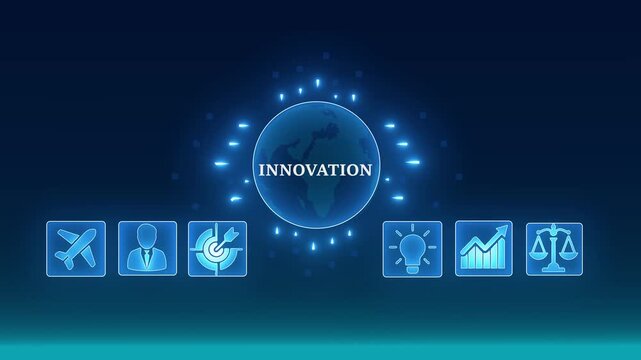 Futuristic innovation concept glowing earth network connections digital icons for business technology startup growth and success. 4K video animation on blue background.