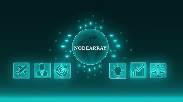 Futuristic digital network hub with glowing icons representing business innovation growth safety and launch concept. 4K video animation on blue background.