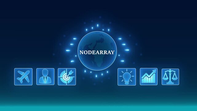 Futuristic digital network hub with glowing icons representing business innovation growth safety and launch concept. 4K video animation on blue background.