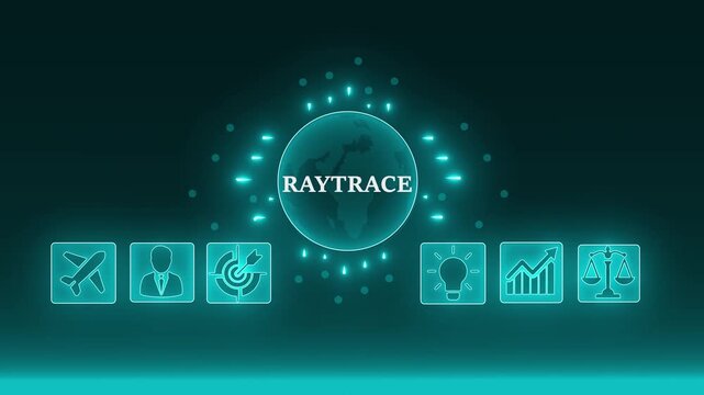 Futuristic Raytrace Technology Network Globe Connection Icons Business Innovation Growth Launch Success Concept. 4K video animation on blue background.