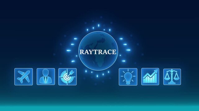 Futuristic Raytrace Technology Network Globe Connection Icons Business Innovation Growth Launch Success Concept. 4K video animation on blue background.