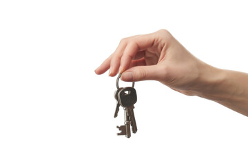 hand holding keys isolated on white background.