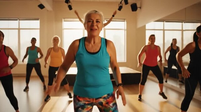 Instructor Guides Lively Group Exercises. Bright Studio Hosts Dynamic Aerobic Dance Class. Sunlit Studio Experiences Vibrant Group Aerobics With Cheerful Teacher Inspiring Health And Happiness