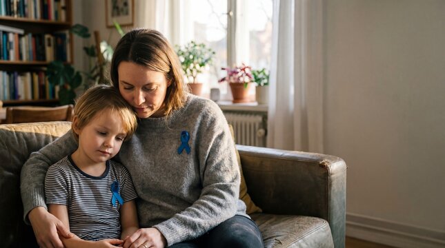 Woman and child wearing blue ribbons sitting on sofa at home. Mother comforting young son during difficult time. Symbol of health support and medical solidarity campaign.International Autism Day