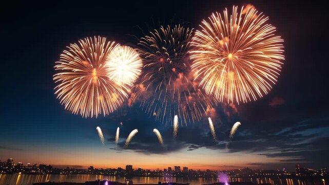 Colorful fireworks light up the night sky over the city during a festive celebration near the water with a skyline view at twilight