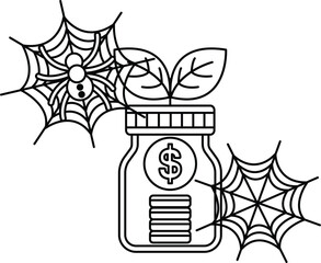 Fototapeta premium Spiderwebs frame a jar holding money and growing leaves