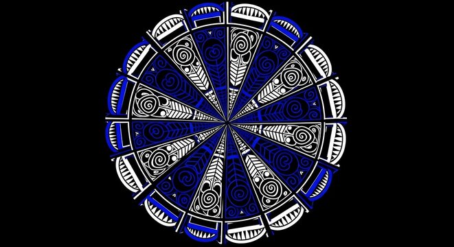 A circular mandala design featuring intricate tribal patterns in blue and white on black background