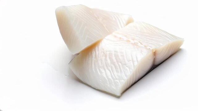 Two pieces of fresh raw white fish fillets isolated on a bright minimalist white background for healthy cooking