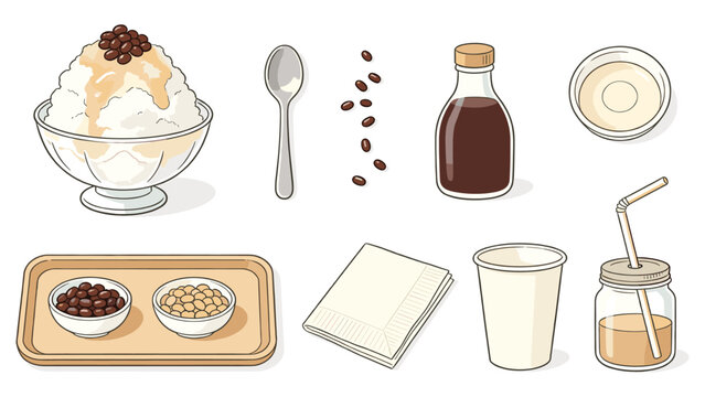 set elements various food and beverage collection featuring traditional shaved ice dessert ingredients and refreshing drinks