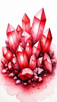 Watercolor painting of vibrant red crystal cluster with sharp facets and subtle pink hues