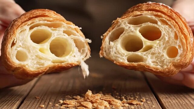 Buttery Layered Croissant. Crispy Crust With Soft Interior. Closeup Revealing Intricate Textures Of Flaky Pastry. Detailed View Emphasizing Crisp Crust And Tender Inner Layers Of Croissant